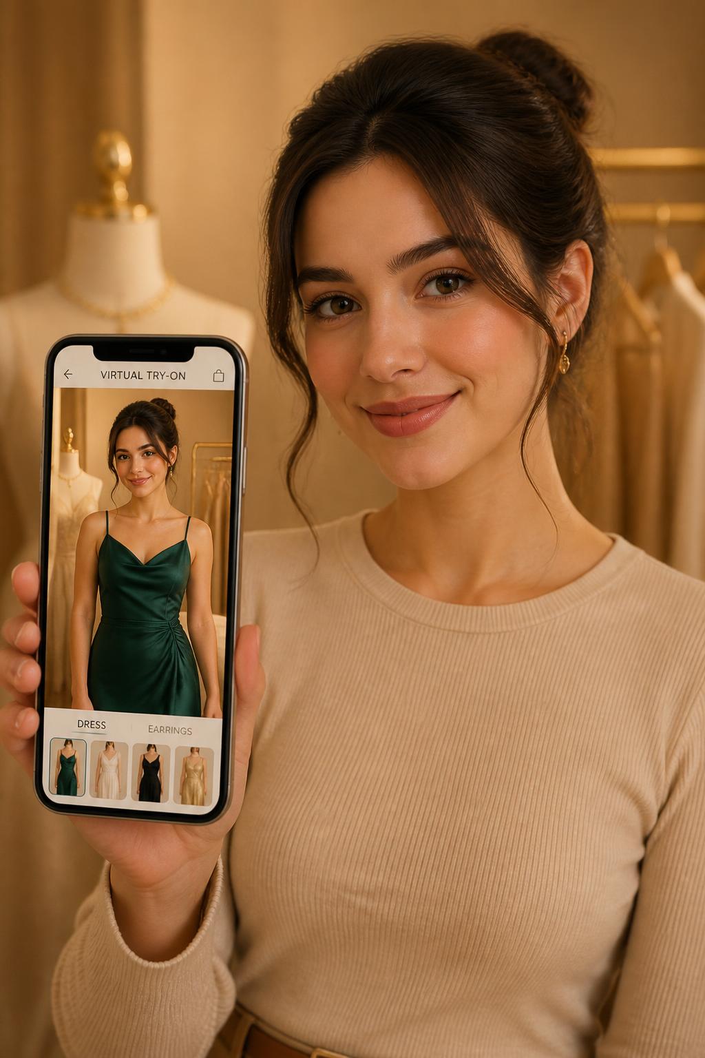 Telefonunda sanal kıyafet deneyen bir kullanıcı