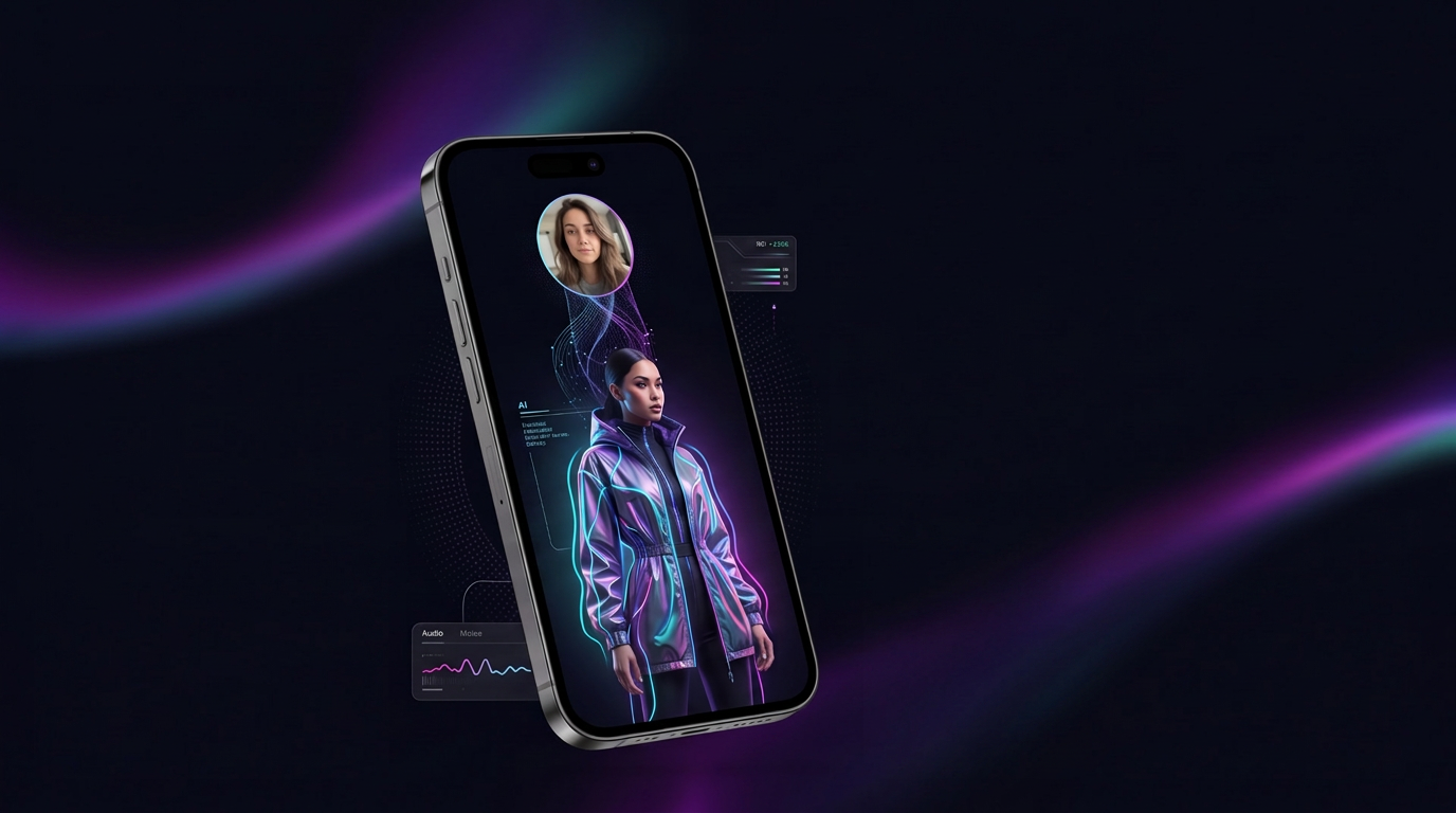 Faceshion virtual try-on on a futuristic phone with an iridescent fashion outfit